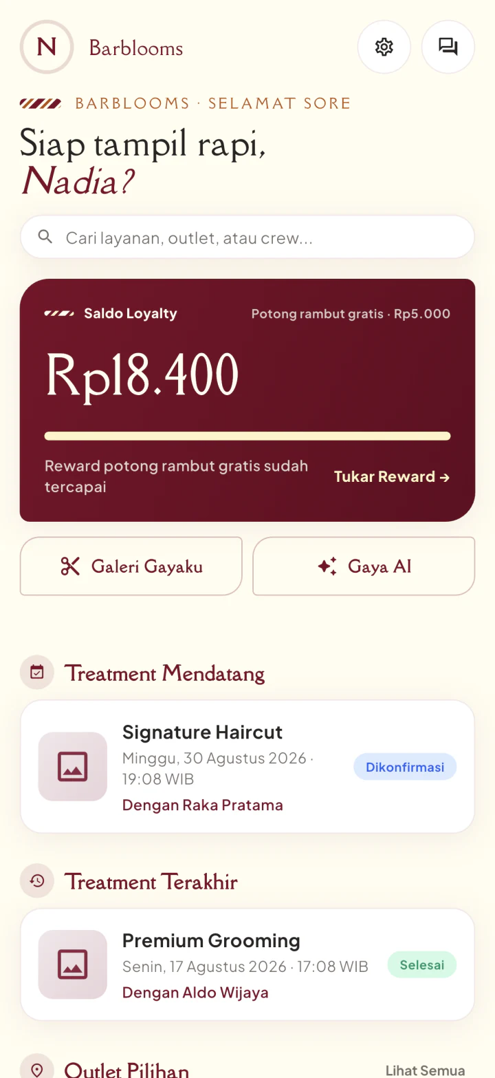 Beranda konsumen Barblooms dengan booking, loyalty, dan Style Gallery